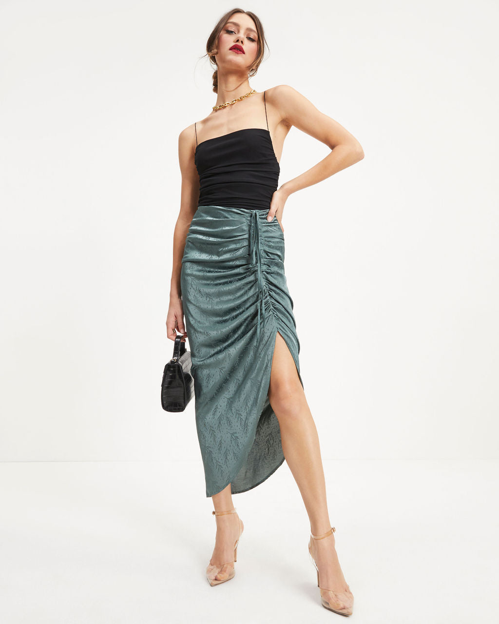 Garcelle Ruched Embossed Satin Maxi Skirt - Dark Sage Oshnow