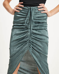 Garcelle Ruched Embossed Satin Maxi Skirt - Dark Sage Oshnow