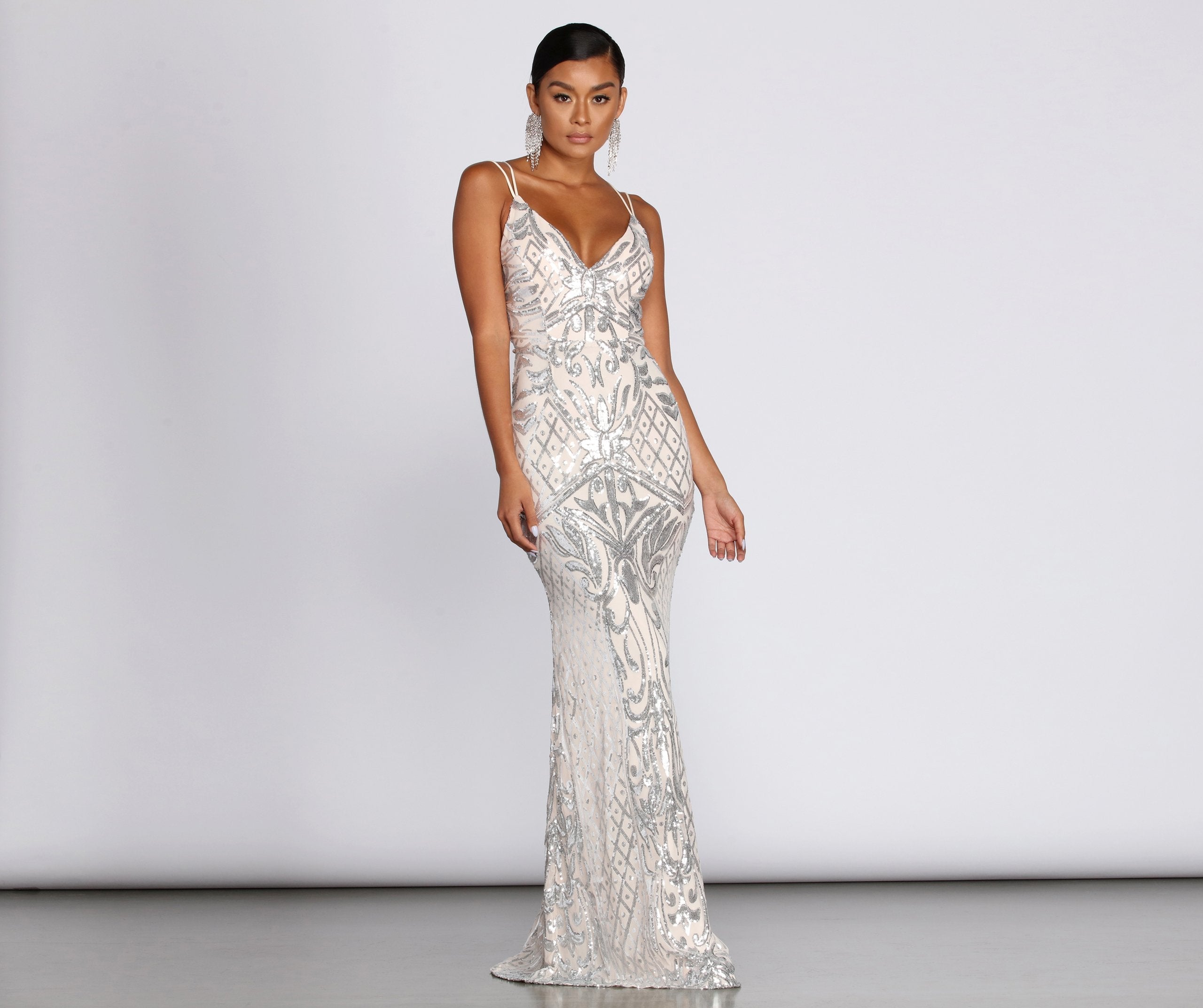 Ginger Sequin Mesh Strappy Gown Oshnow