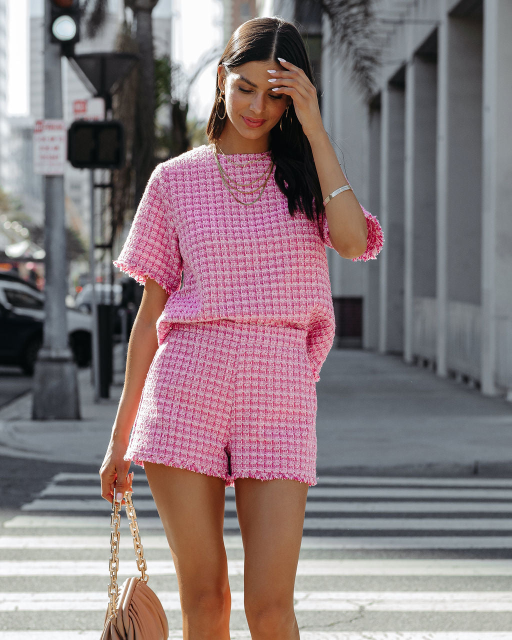 Gracie Frayed Short Sleeve Tweed Blouse - Pink Oshnow