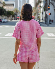 Gracie Frayed Short Sleeve Tweed Blouse - Pink Oshnow