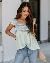 Granite Embroidered Babydoll Top - Mint Oshnow