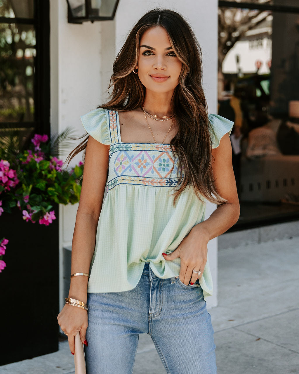 Granite Embroidered Babydoll Top - Mint Oshnow