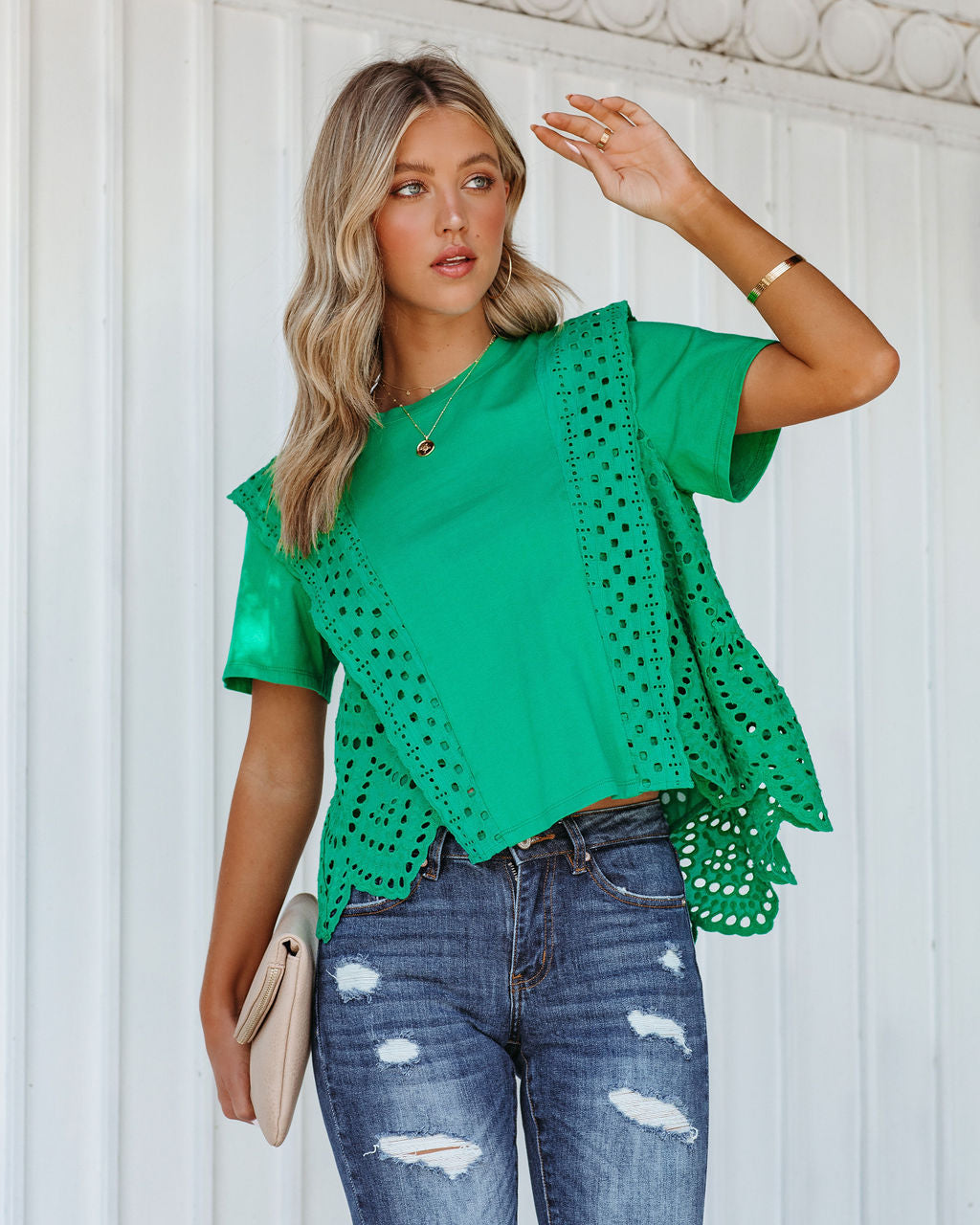 Gwena Cotton Eyelet Tee - Emerald Oshnow