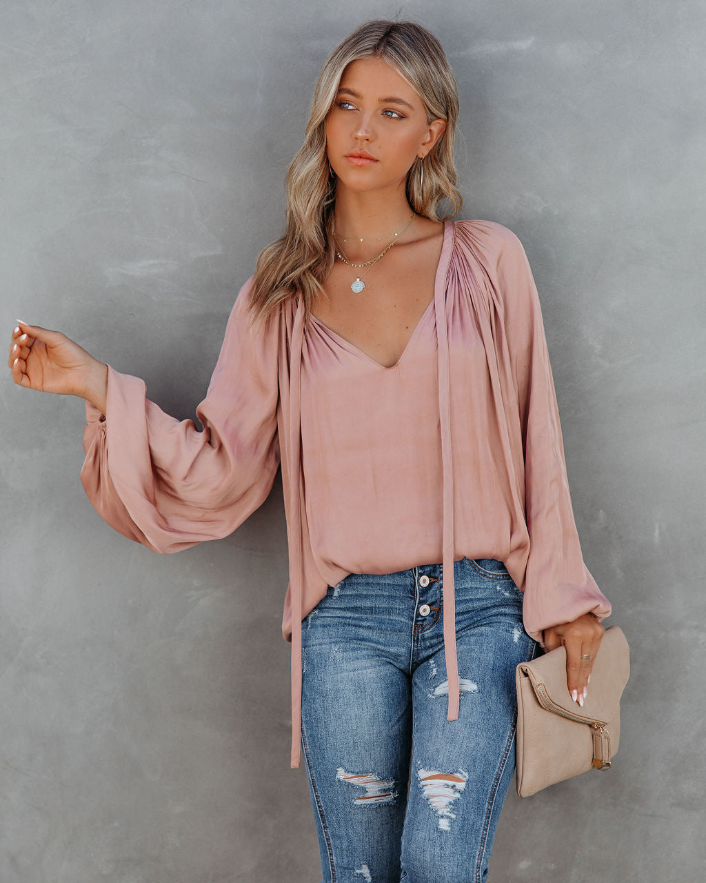 Harrow Satin Split Neck Blouse - Blush Oshnow