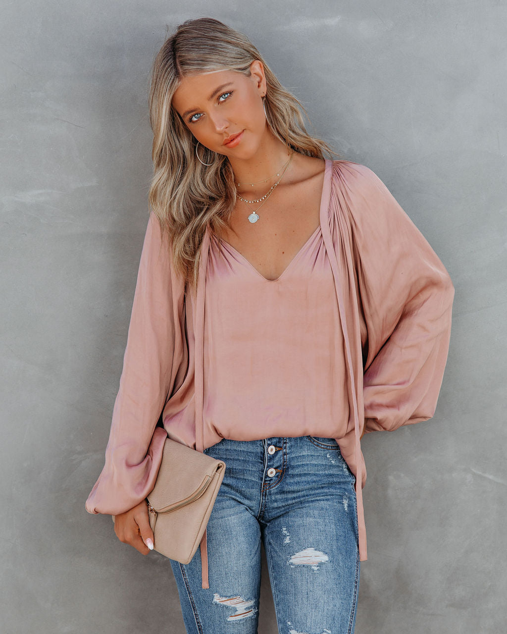 Harrow Satin Split Neck Blouse - Blush Oshnow