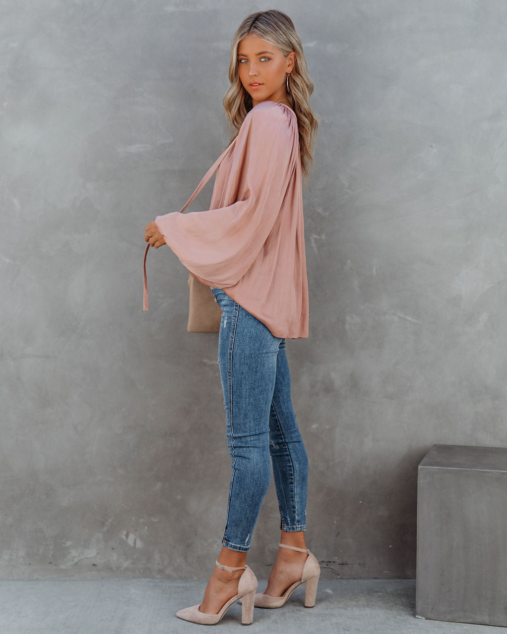 Harrow Satin Split Neck Blouse - Blush Oshnow