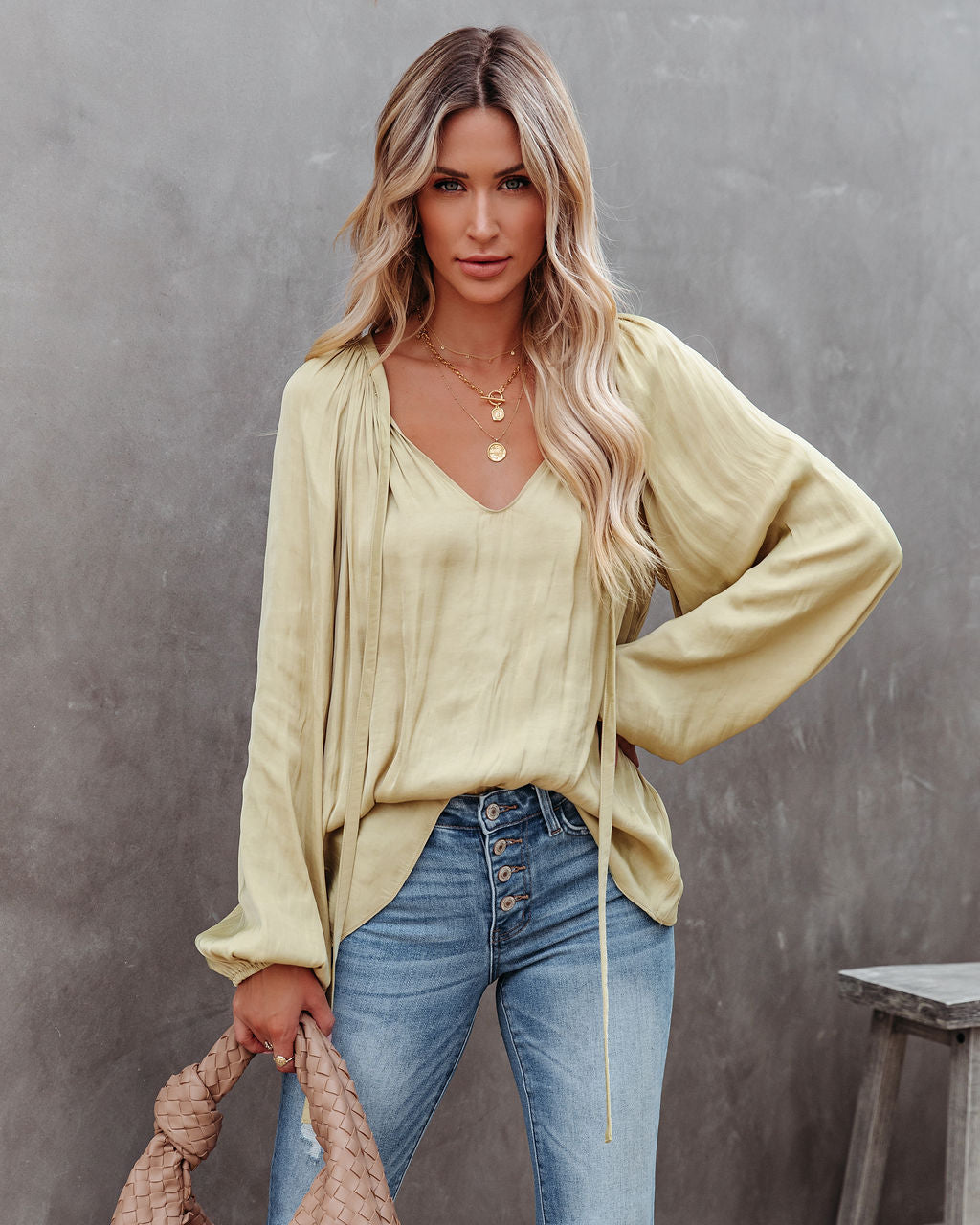 Harrow Satin Split Neck Blouse - Olive Oshnow