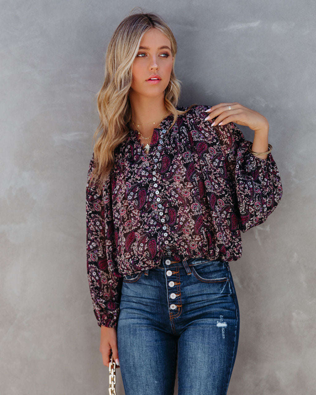 Hawthorn Printed Button Down Crop Blouse Oshnow