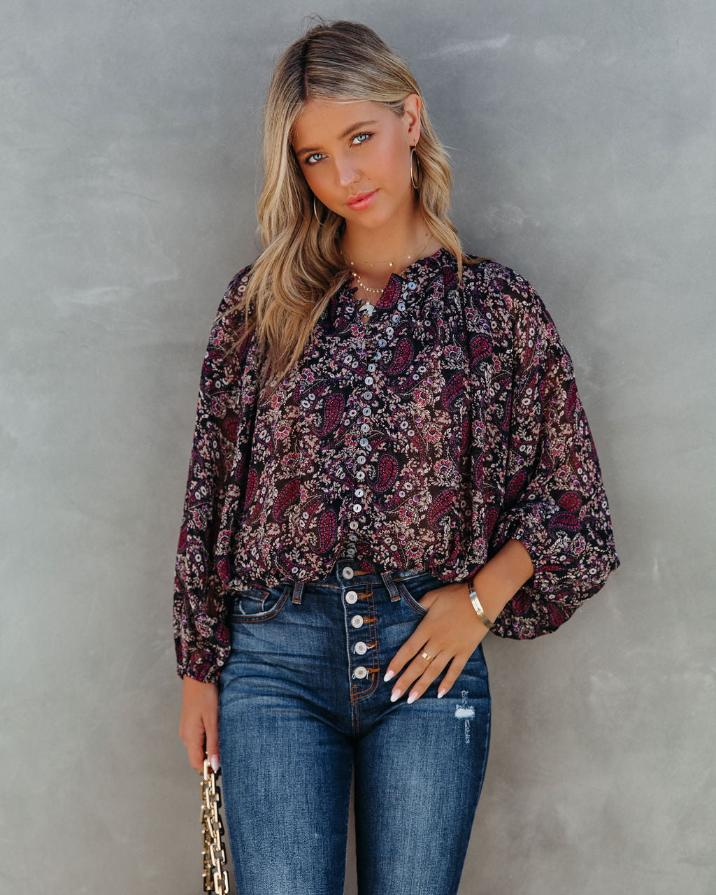 Hawthorn Printed Button Down Crop Blouse Oshnow