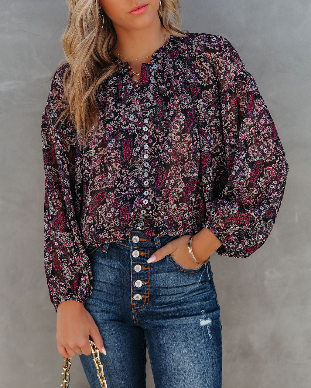 Hawthorn Printed Button Down Crop Blouse Oshnow