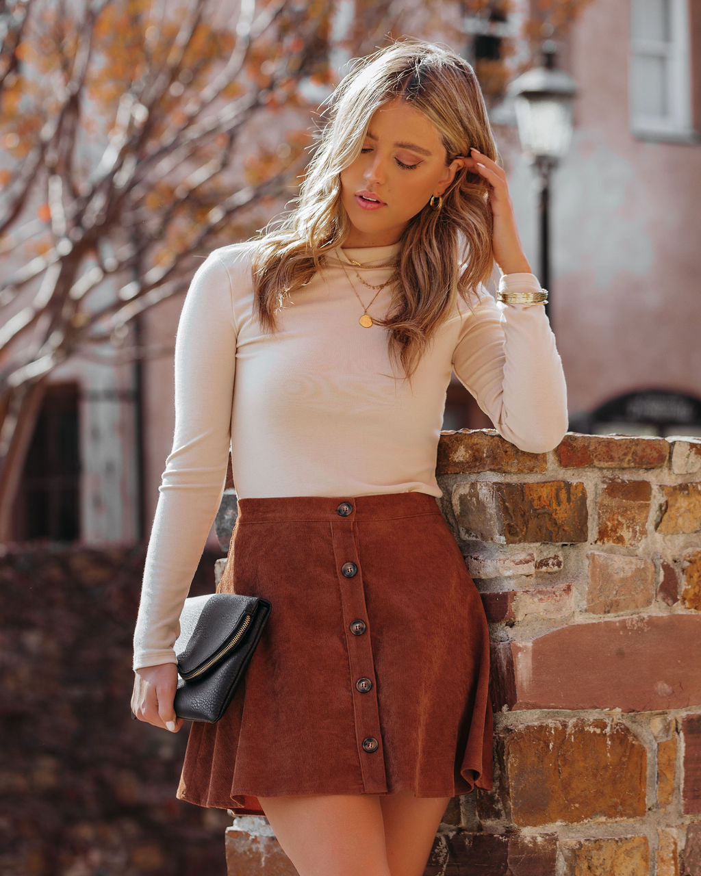 Hazelnut Button Down Corduroy Mini Skirt - Camel Oshnow