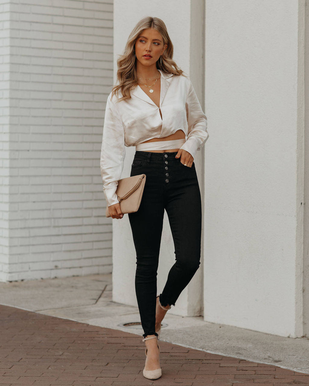 Hazely Satin Wrap Crop Blouse - Champagne Oshnow