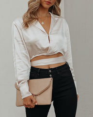 Hazely Satin Wrap Crop Blouse - Champagne Oshnow