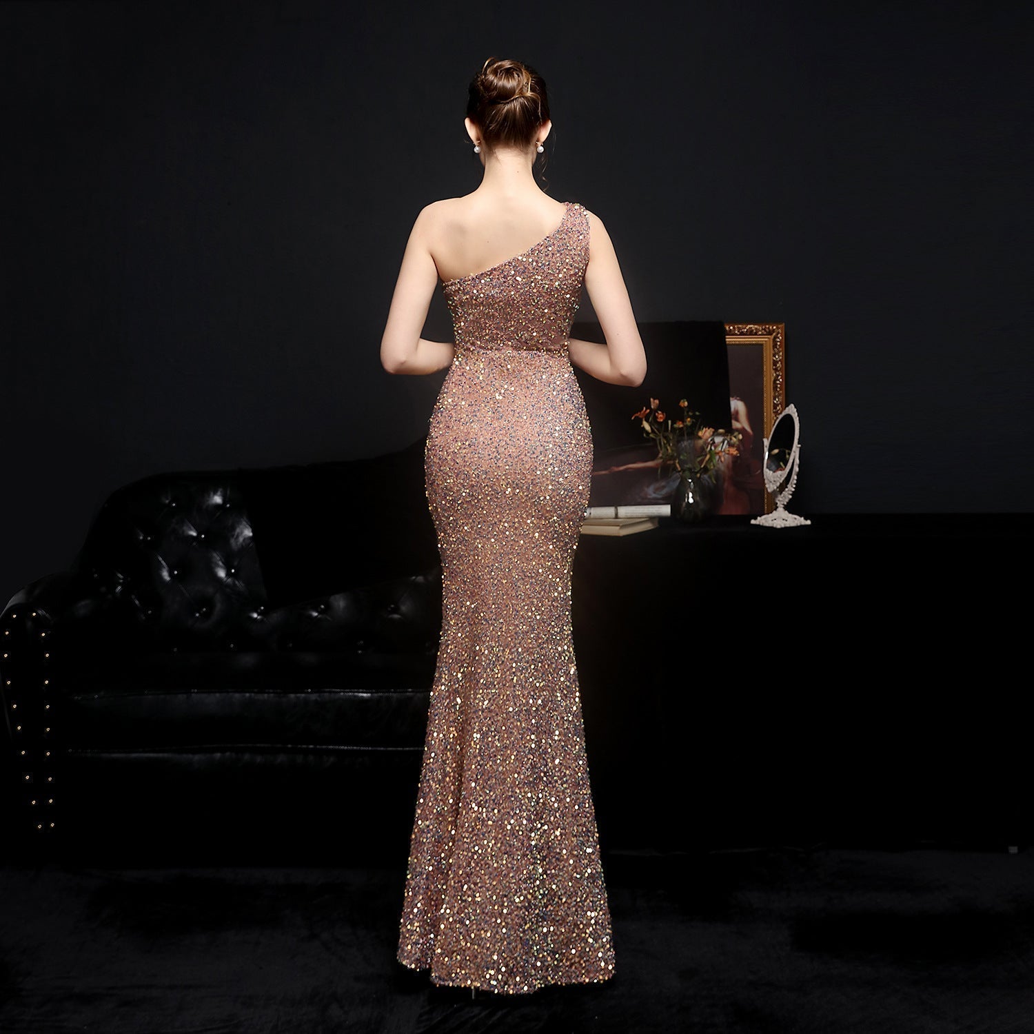 Heary dazzling sequined one-shoulder asymmetric dress Oshnow