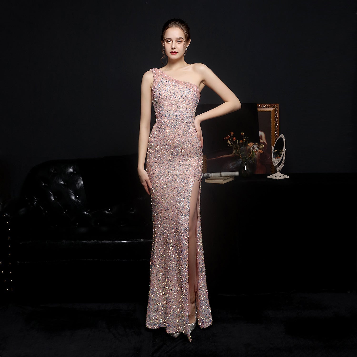 Heary dazzling sequined one-shoulder asymmetric dress Oshnow