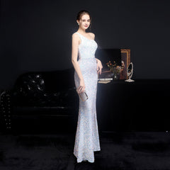 Heary dazzling sequined one-shoulder asymmetric dress Oshnow