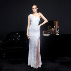 Heary dazzling sequined one-shoulder asymmetric dress Oshnow