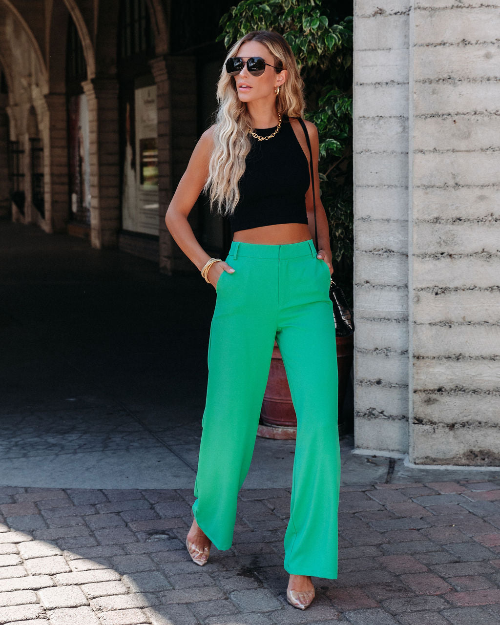 Hidden Gem Pocketed Wide Leg Pants - Green Oshnow