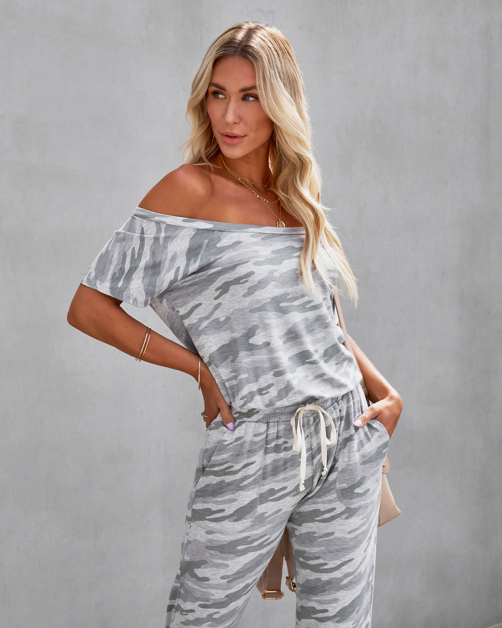 Hidden Treasure Pocketed Camo Knit Jumpsuit - Light Grey Oshnow