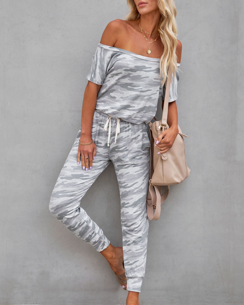 Hidden Treasure Pocketed Camo Knit Jumpsuit - Light Grey Oshnow