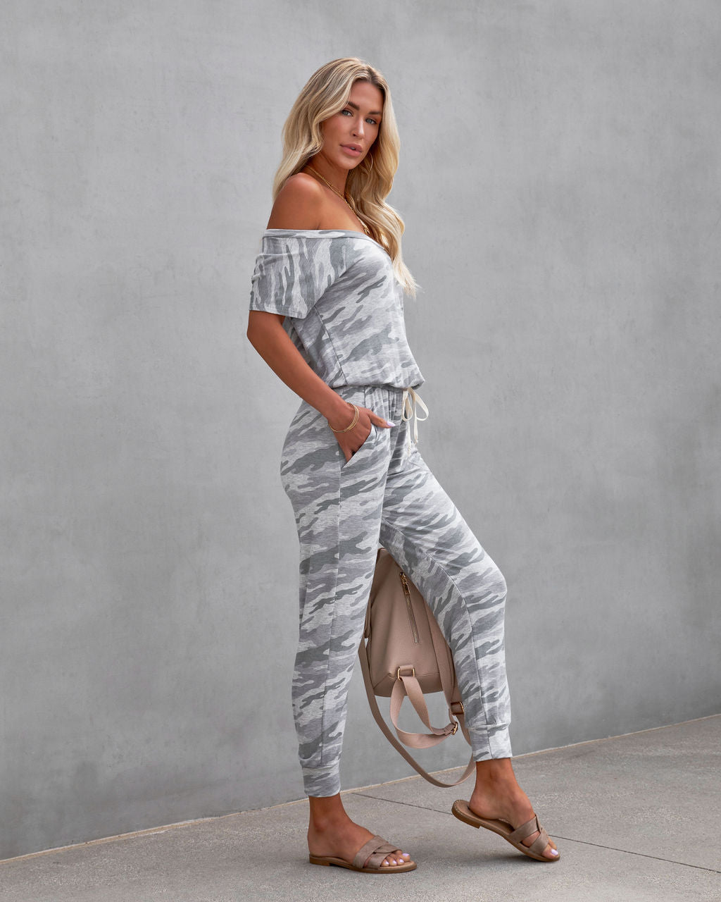 Hidden Treasure Pocketed Camo Knit Jumpsuit - Light Grey Oshnow