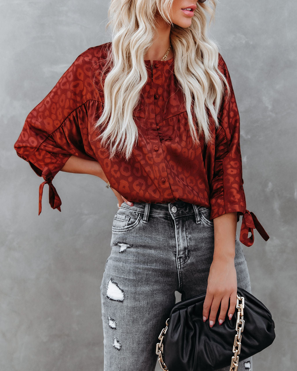 Hint Satin Leopard Embossed Dolman Blouse - Rust Oshnow