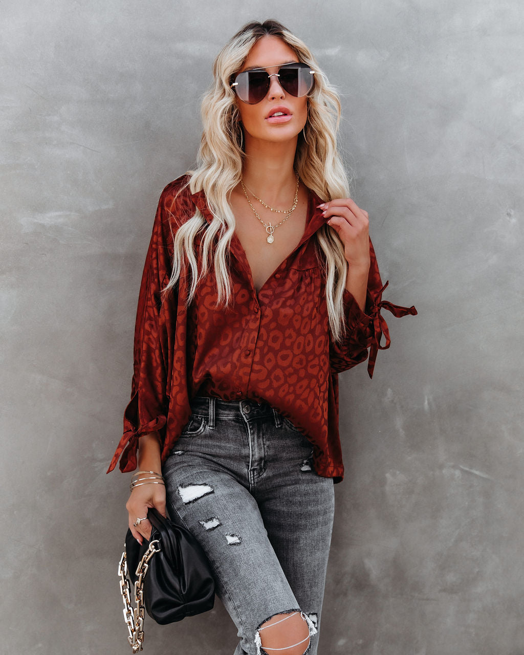 Hint Satin Leopard Embossed Dolman Blouse - Rust Oshnow