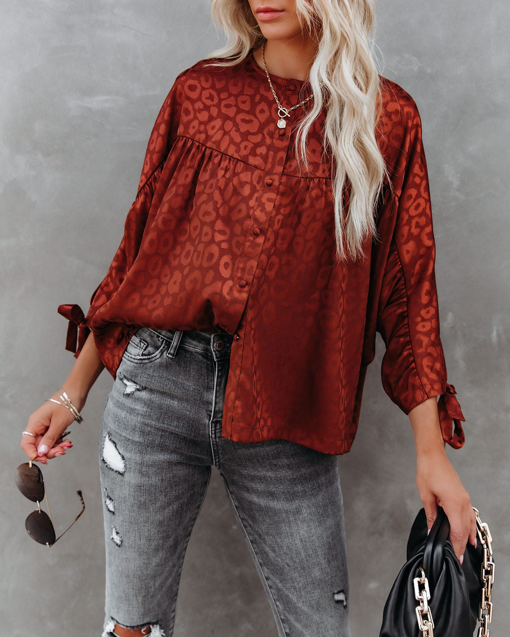 Hint Satin Leopard Embossed Dolman Blouse - Rust Oshnow