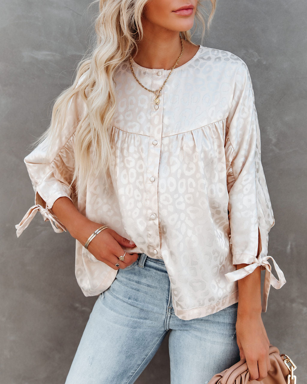 Hint Satin Leopard Embossed Dolman Blouse - Vanilla Oshnow