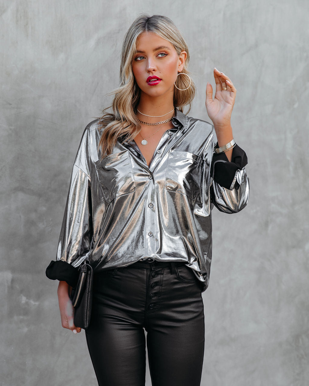 Holdyn Metallic Button Down Blouse - Silver Oshnow