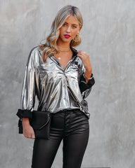 Holdyn Metallic Button Down Blouse - Silver Oshnow