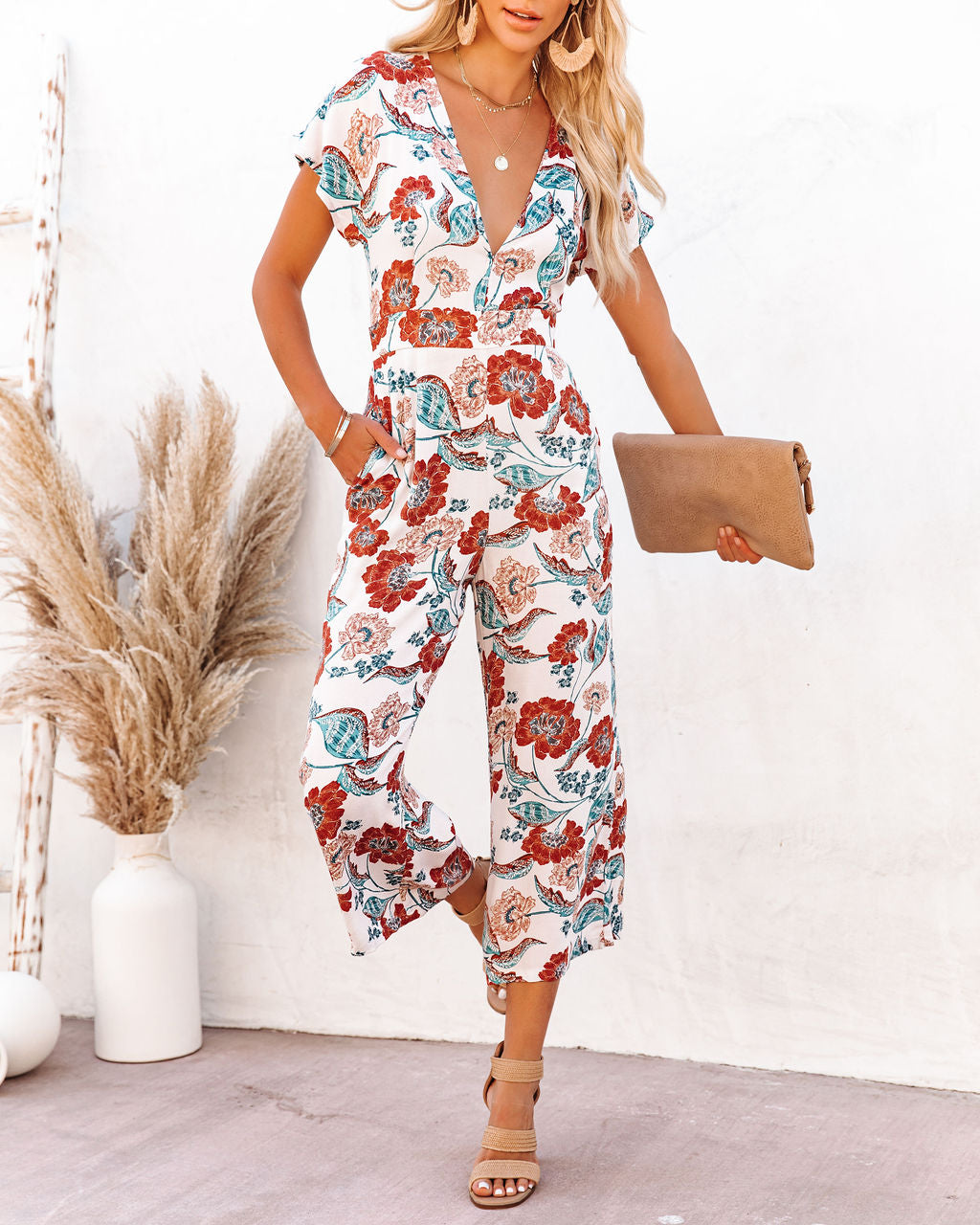 Hollow Floral Pocketed Tie Jumpsuit Oshnow