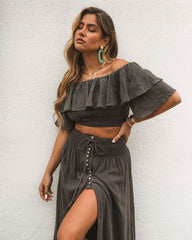 Huma Cotton Off The Shoulder Crop Top - Carbon Oshnow