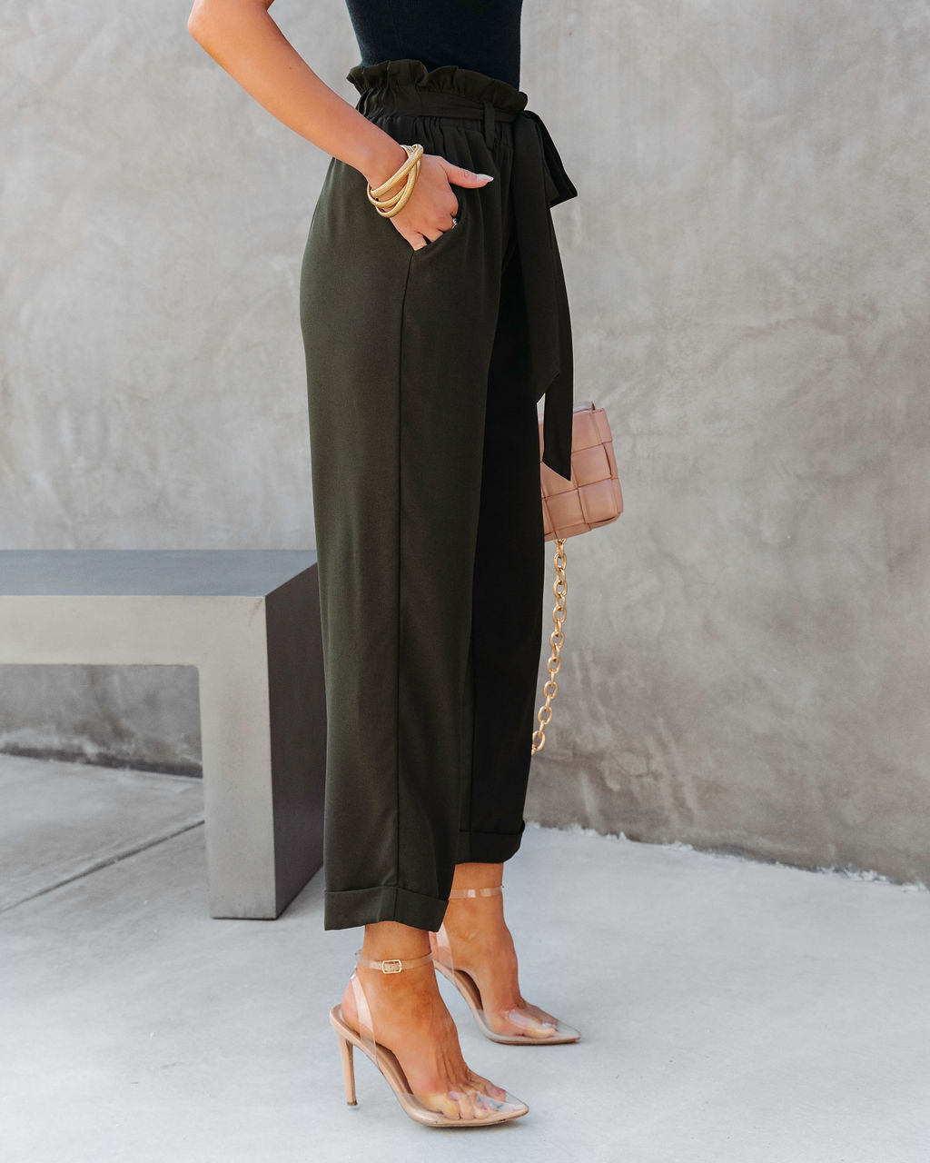 Busy As Usual Pocketed Paper Bag Pants - Dark Olive