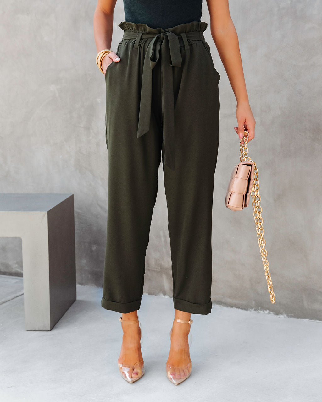 Busy As Usual Pocketed Paper Bag Pants - Dark Olive