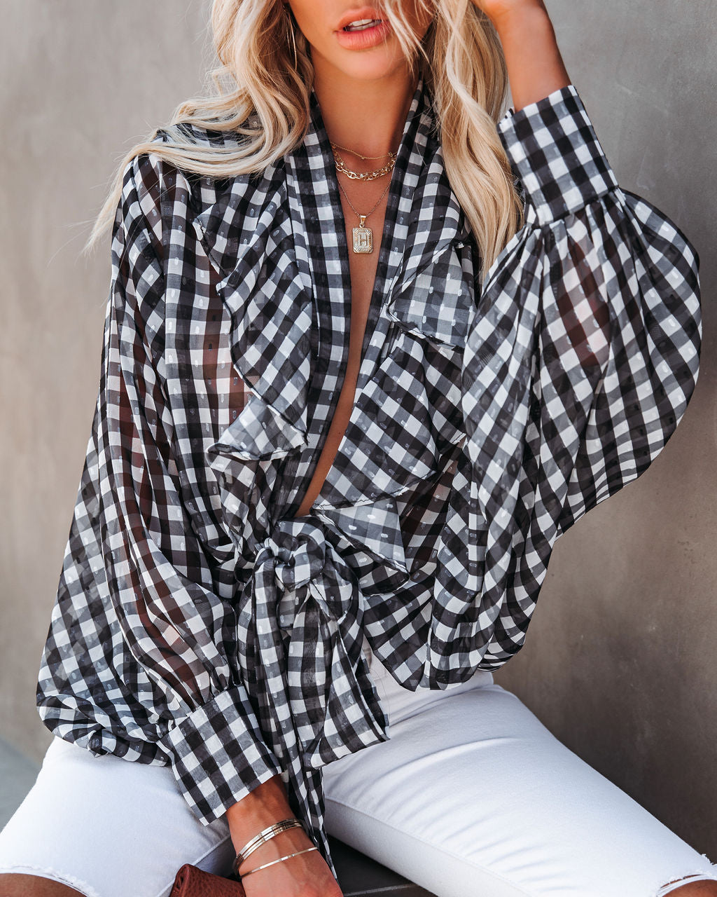 Huntsville Gingham Ruffle Tie Blouse Oshnow