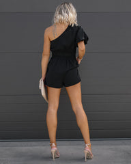 Donna One Shoulder Front Tie Romper - Black