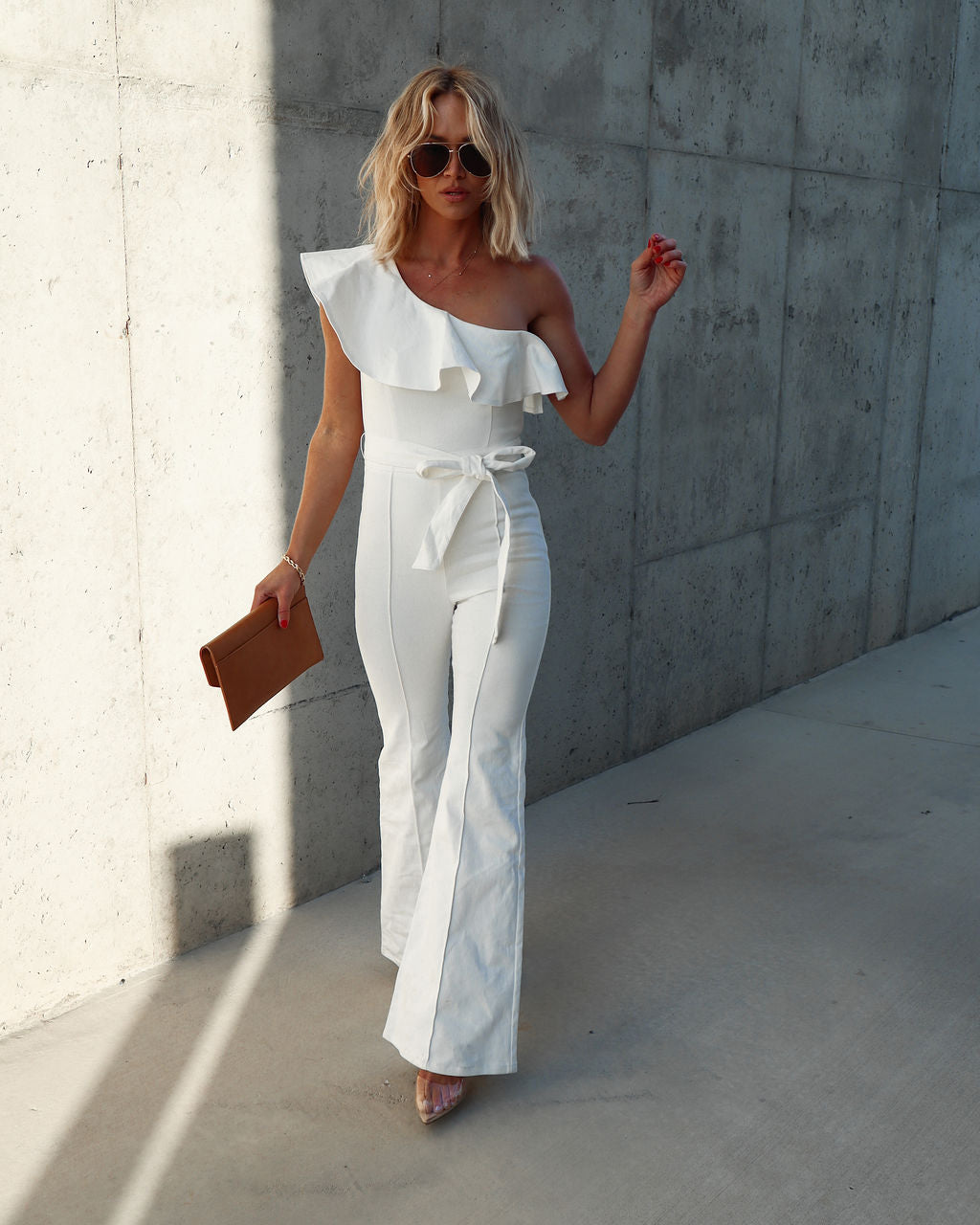 Cameran Cotton One Shoulder Flare Jumpsuit - White