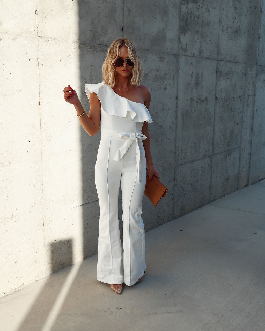 Cameran Cotton One Shoulder Flare Jumpsuit - White