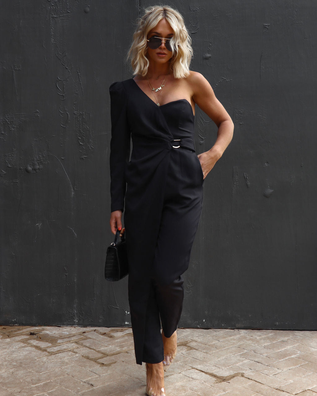 Confidently Me One Shoulder Pocketed Jumpsuit - Black