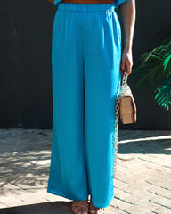 Bimini Satin Pocketed Wide Leg Pants - Aqua