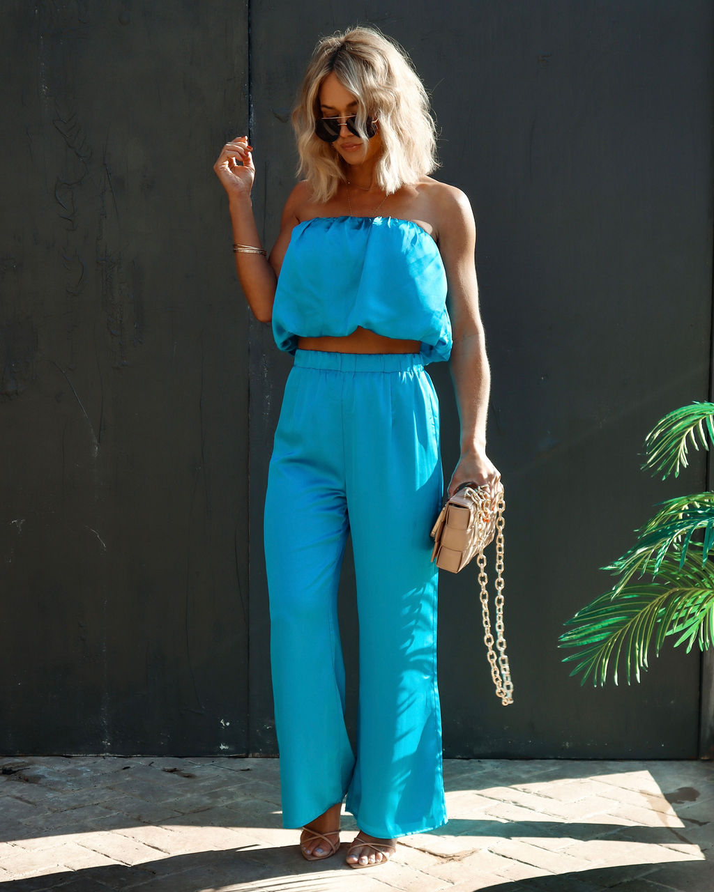 Bimini Satin Pocketed Wide Leg Pants - Aqua