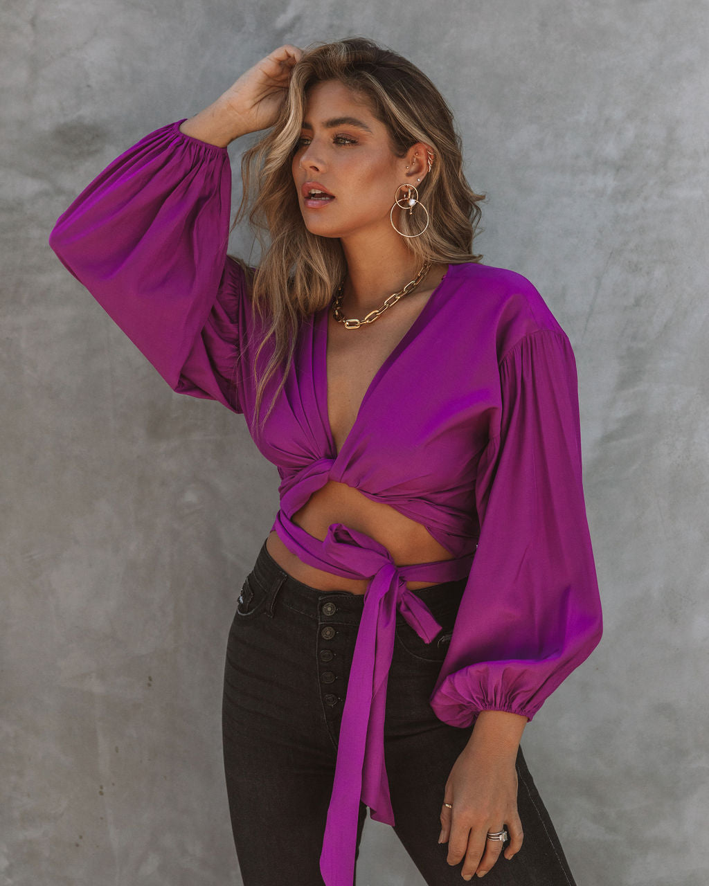 Icon Balloon Sleeve Wrap Blouse Oshnow