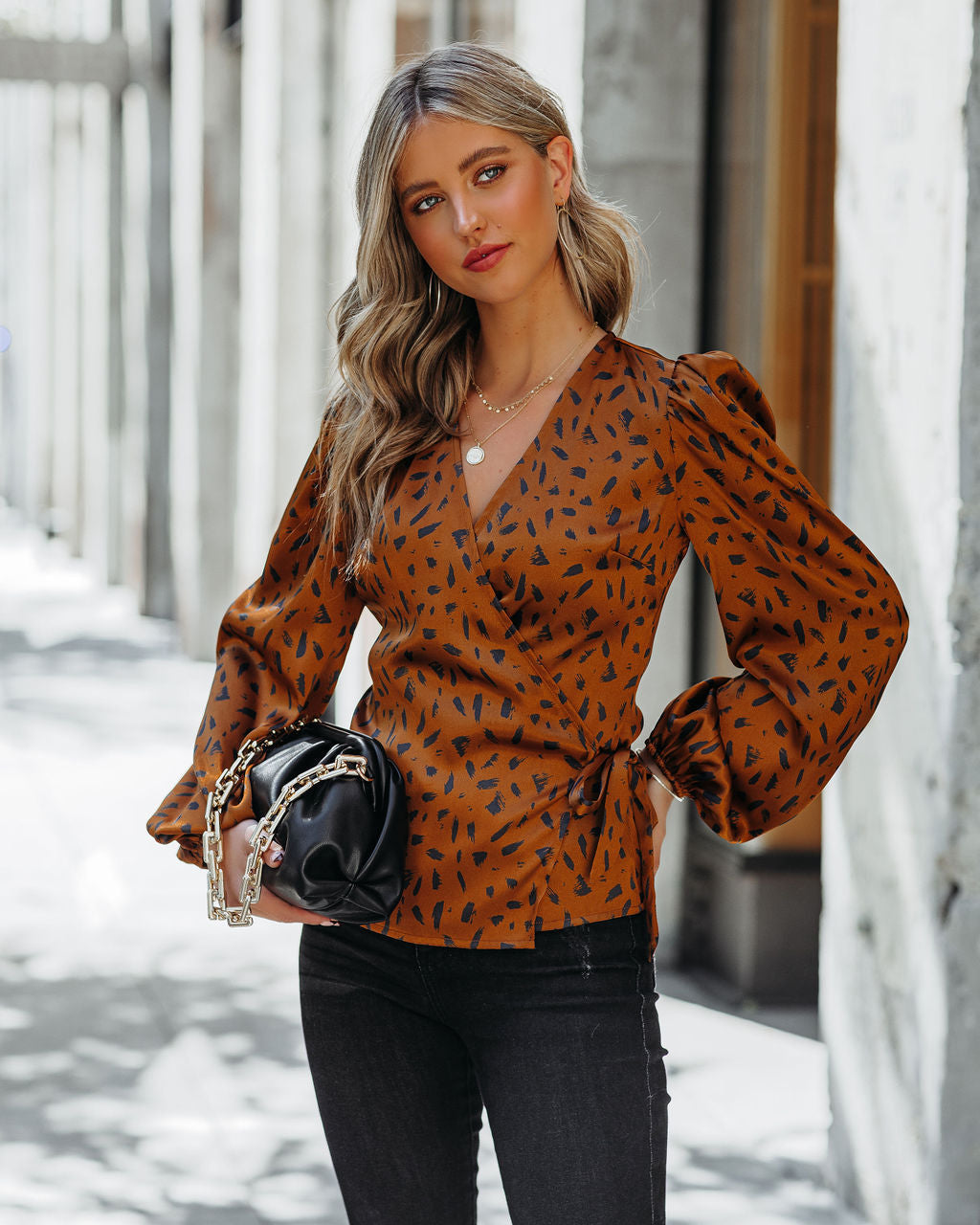 In Awe Satin Printed Wrap Blouse - Camel Oshnow