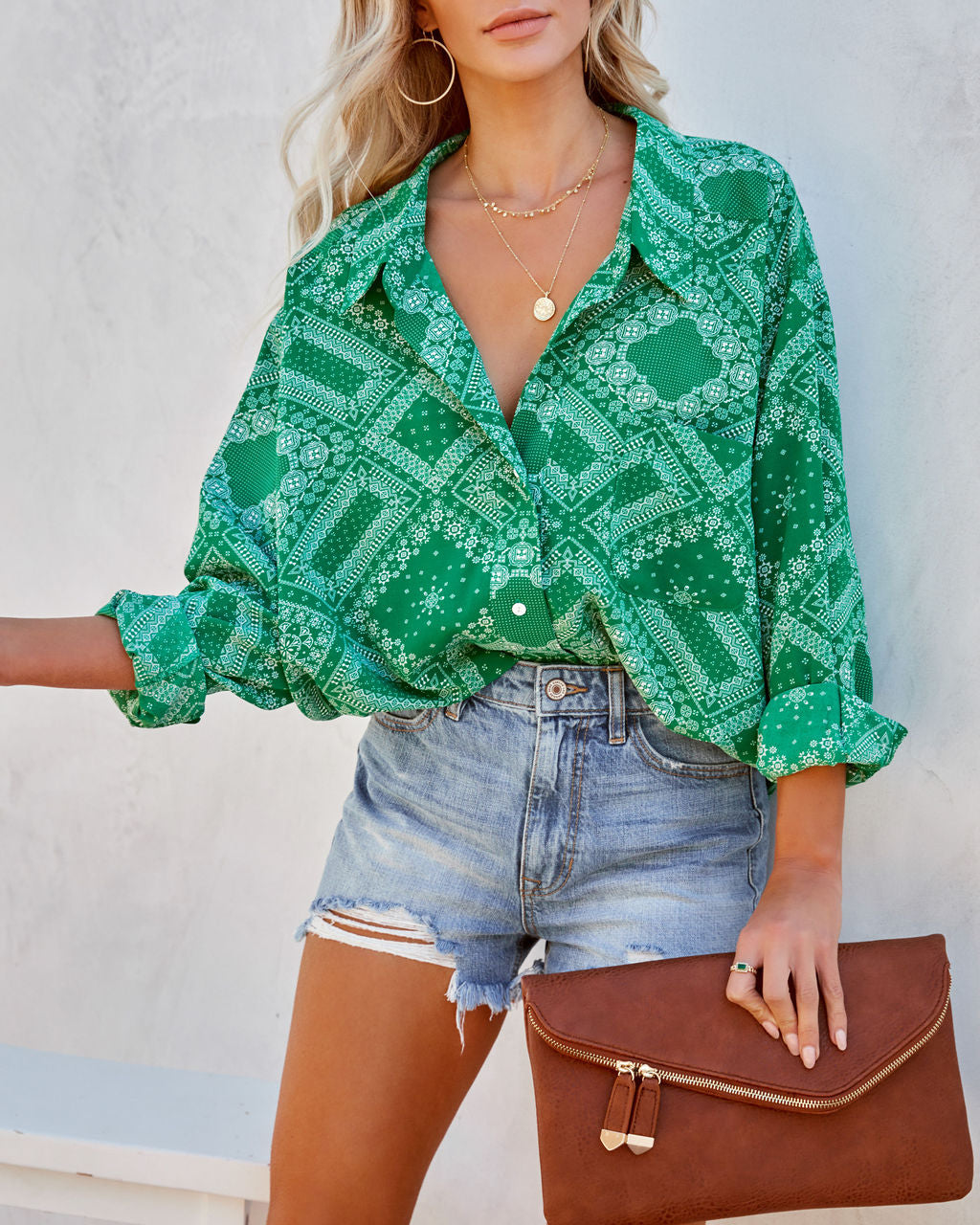 In Luck Printed Button Down Blouse - Green Oshnow