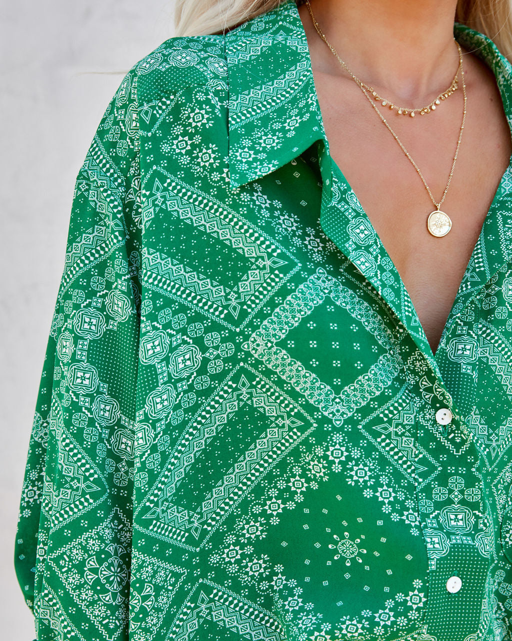 In Luck Printed Button Down Blouse - Green Oshnow