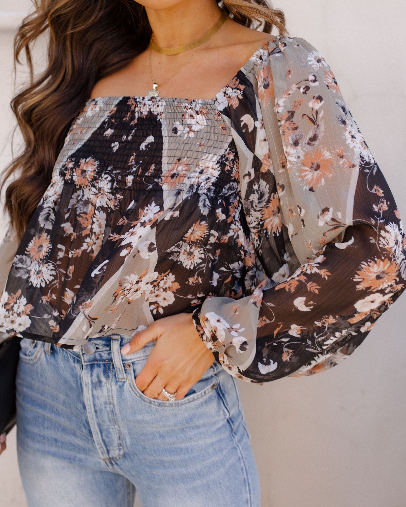 Infinite Florals Smocked Balloon Sleeve Blouse Oshnow