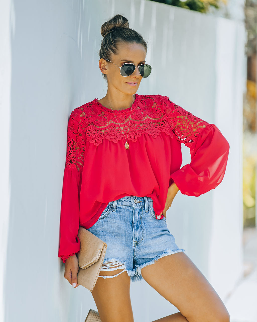 Ireland Crochet Lace Blouse - Red Oshnow