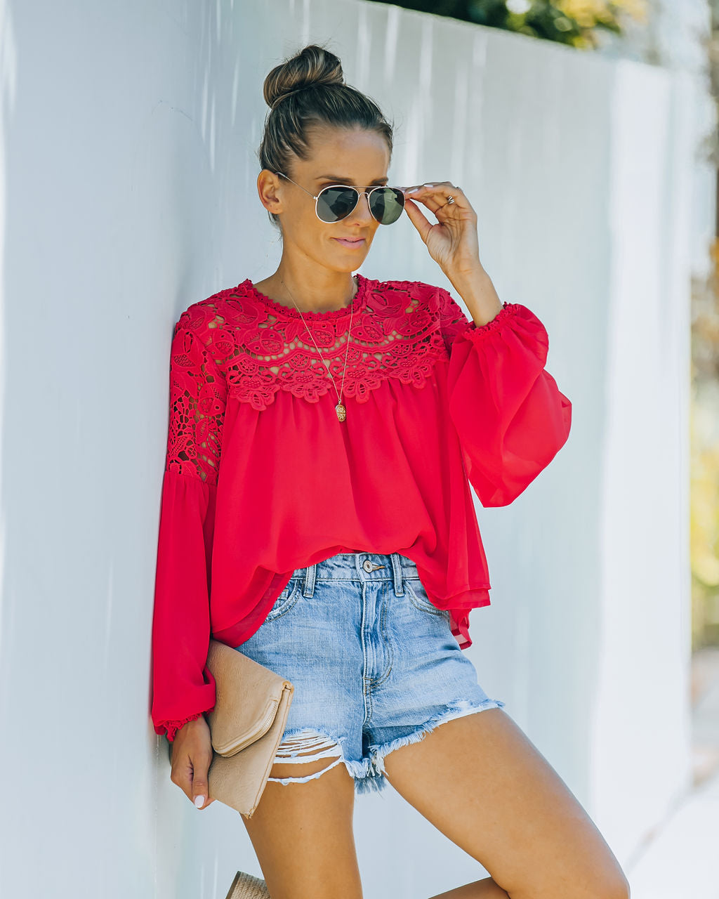 Ireland Crochet Lace Blouse - Red Oshnow